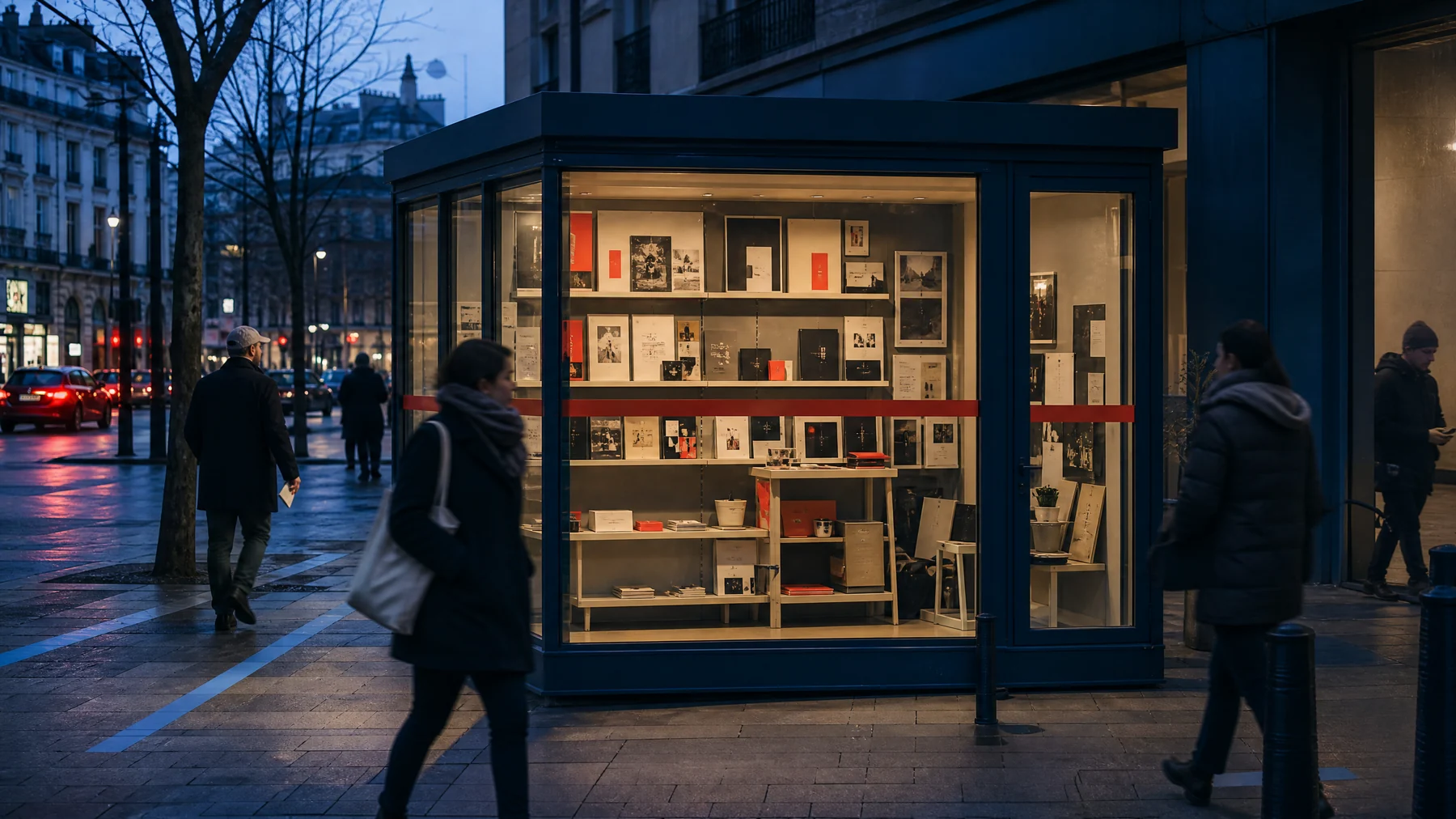 Independent city newsstand at blue hour