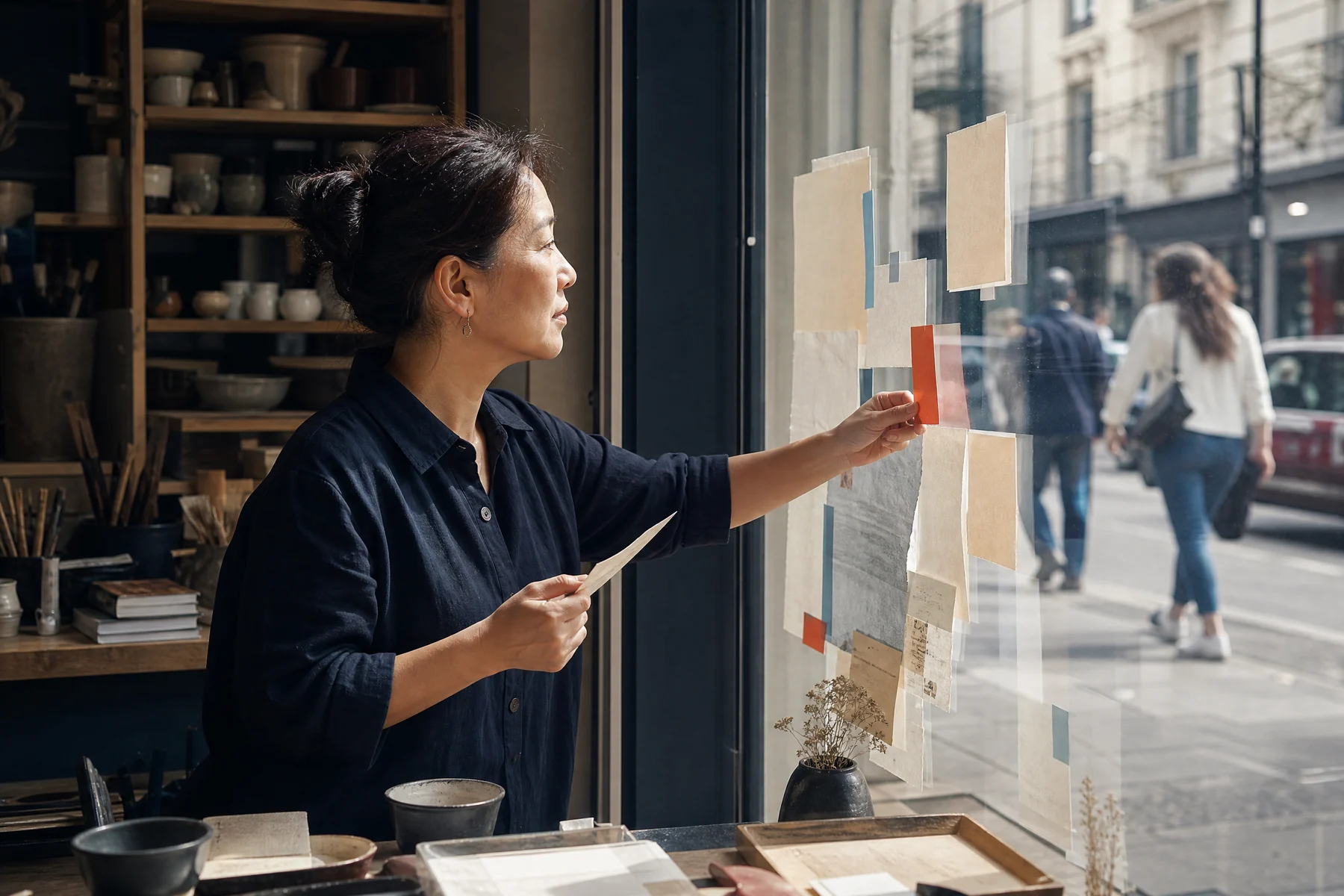 Independent shopkeeper revising window communication while observing the street