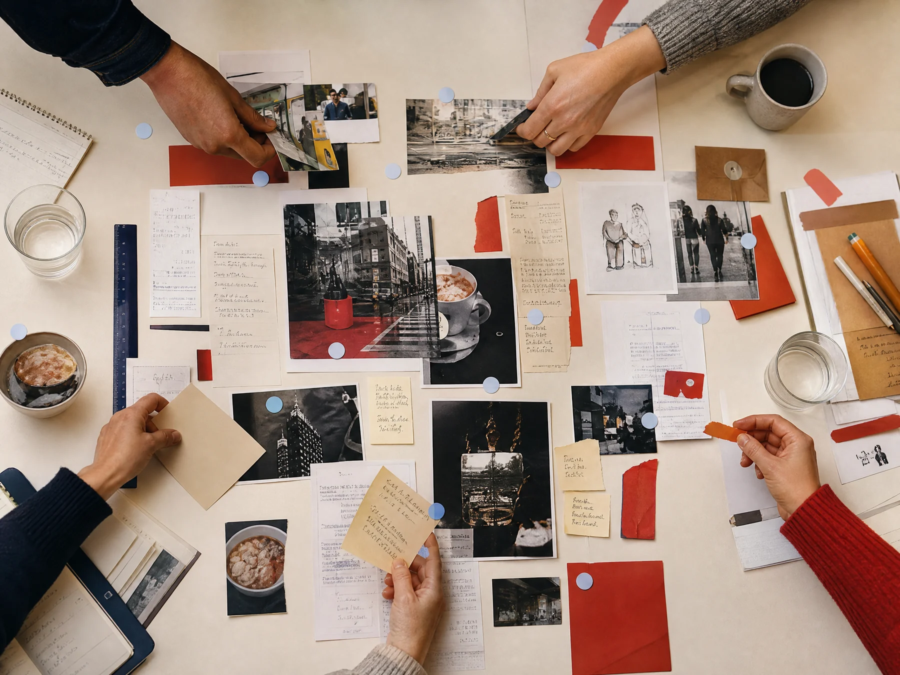 Hands assembling a campaign teardown board from objects and notes