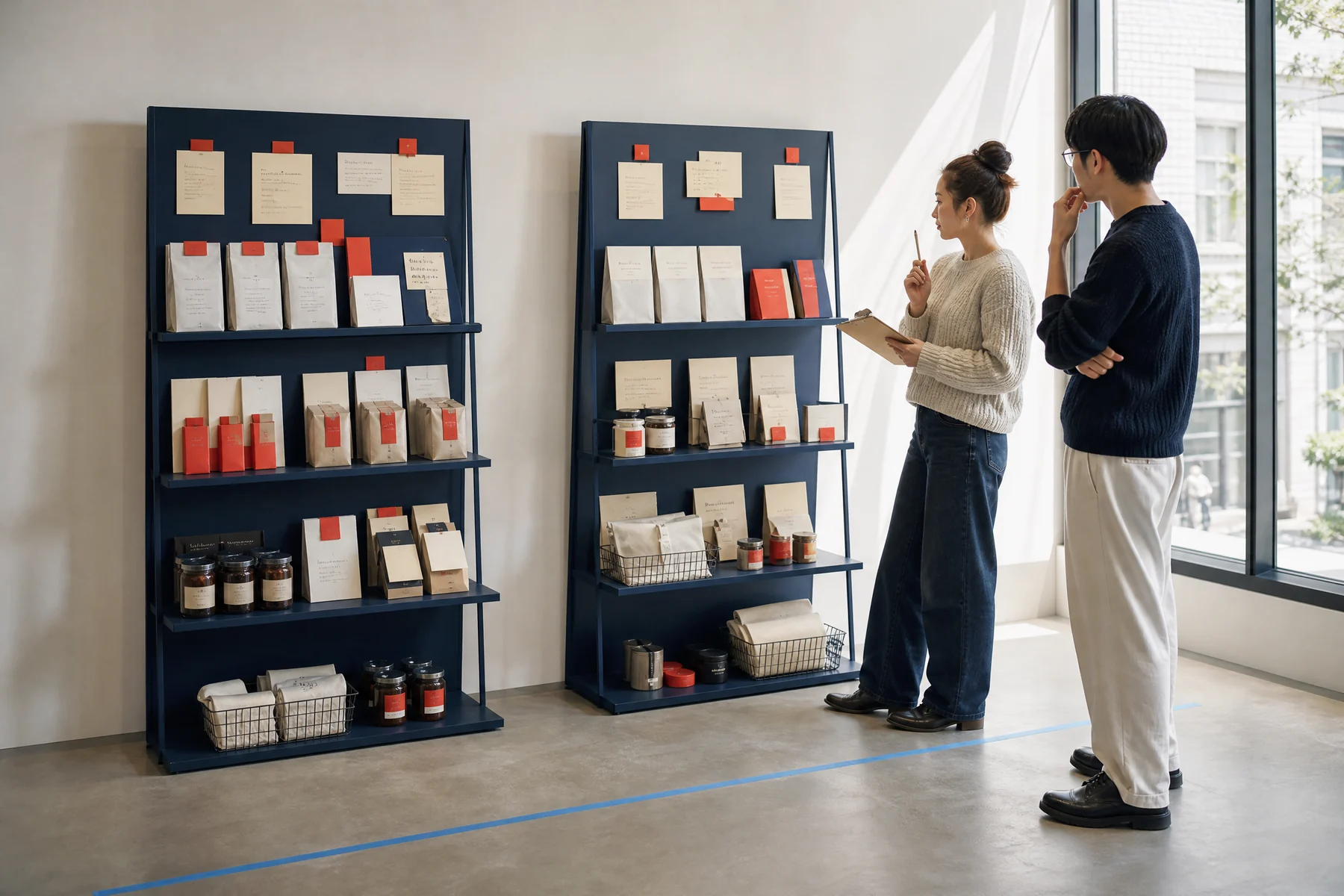 Editors comparing two physical storefront display alternatives