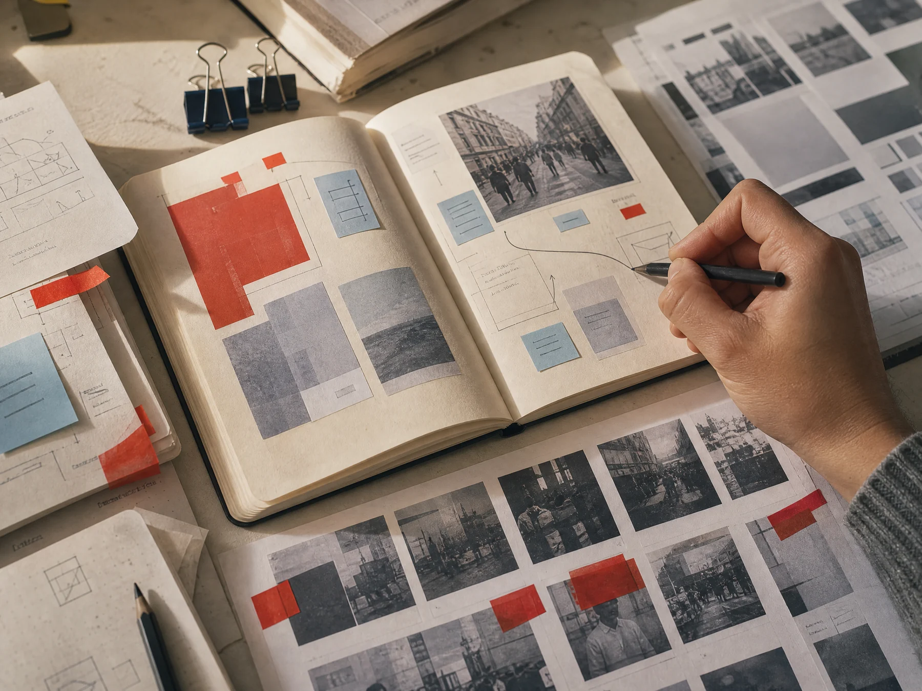 Annotated message brief, contact sheet and pencil notes