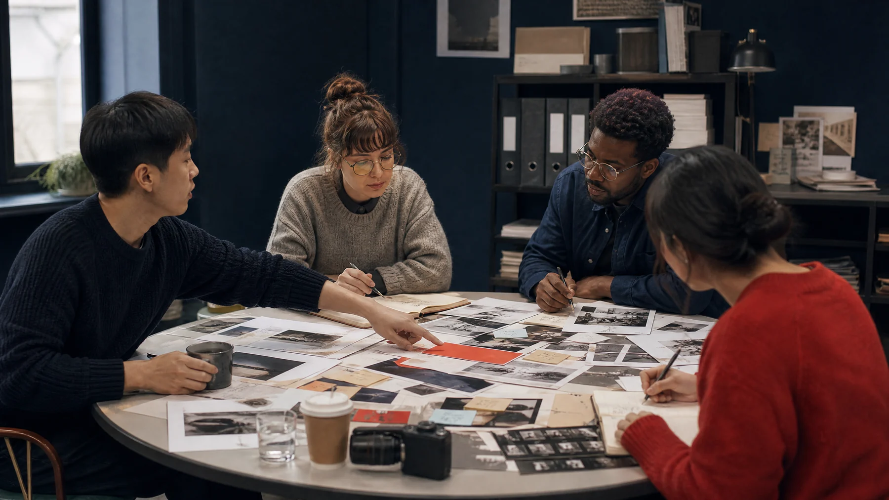Editors conducting a roundtable critique with printed evidence